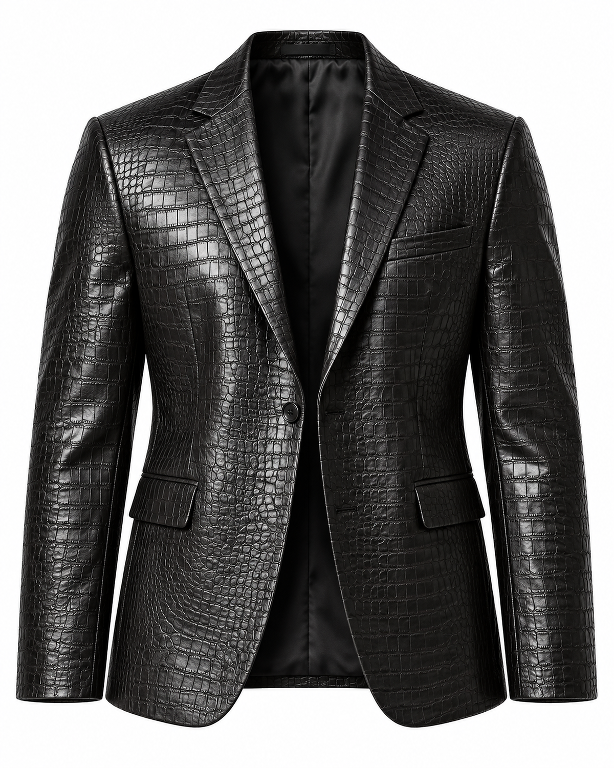 DFCOLOR::Black::product-front — Crocodile-Embossed PU Blazer — black embossed PU, single-breasted one-button front
