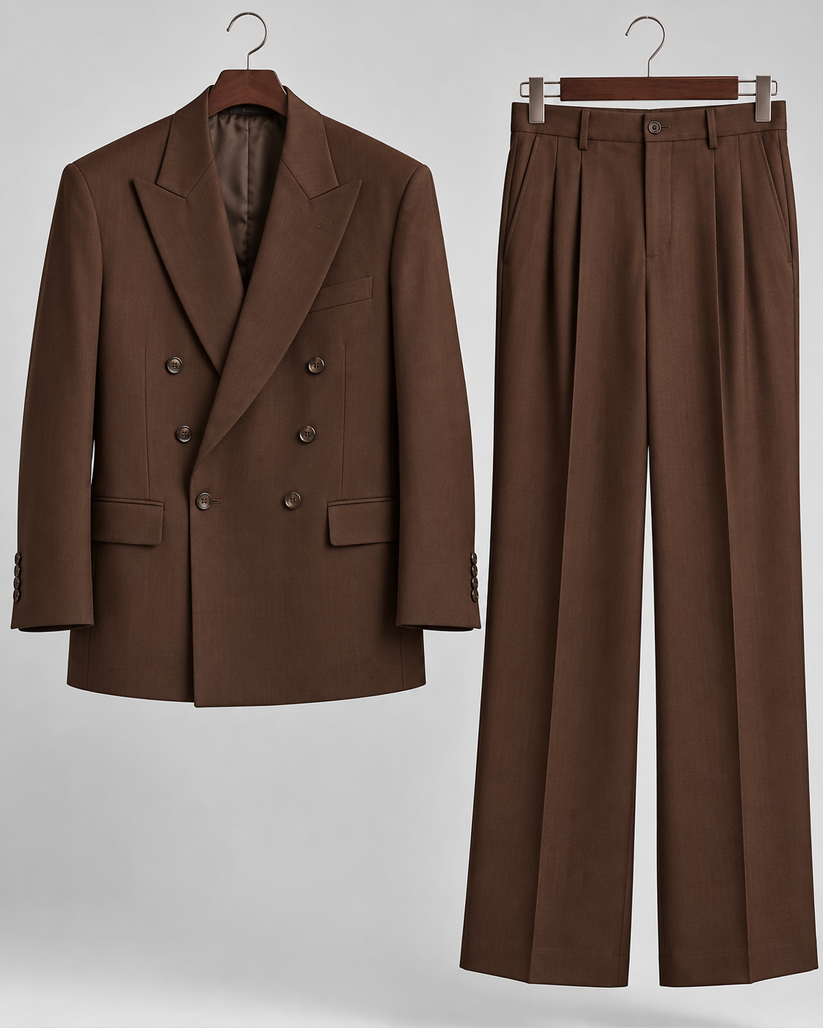 DFCOLOR::Espresso::product-front — Espresso Relaxed Double-Breasted Two-Piece Suit — peak lapel, six-button double-breasted jacket and matching wide-leg trousers