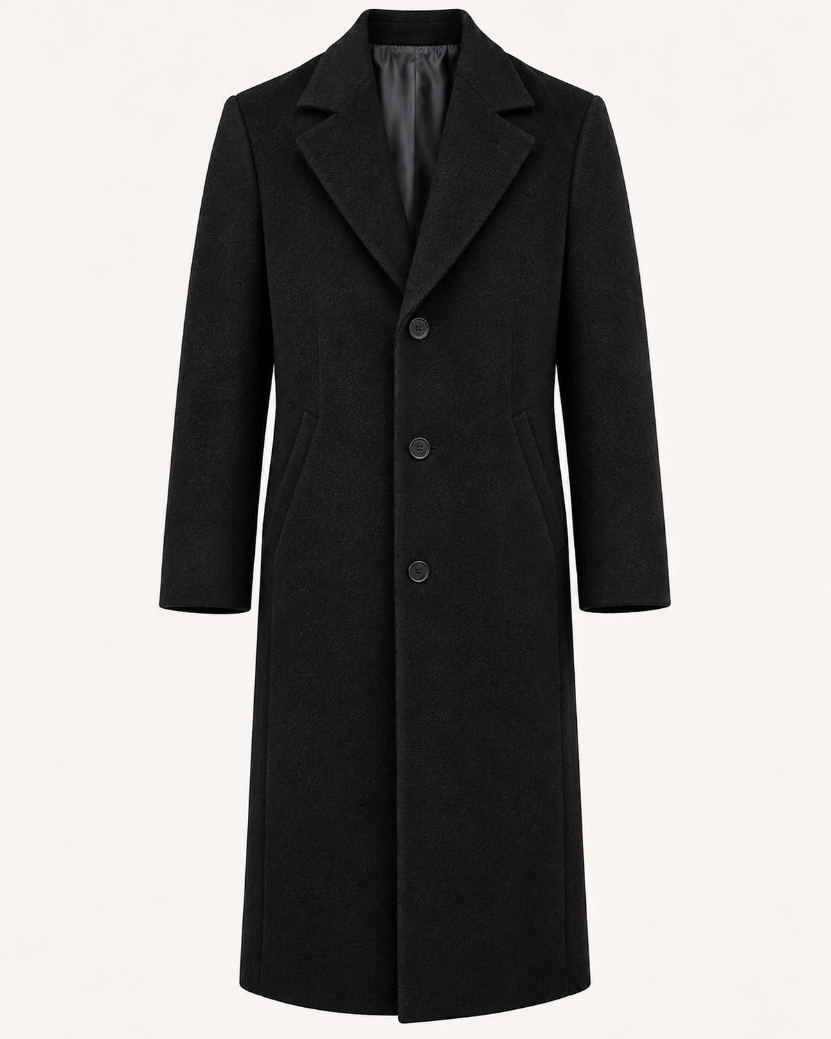 DFCOLOR::Black::product-front — Long Tailored Overcoat, studio front product image, Long-Feng textured coating palette