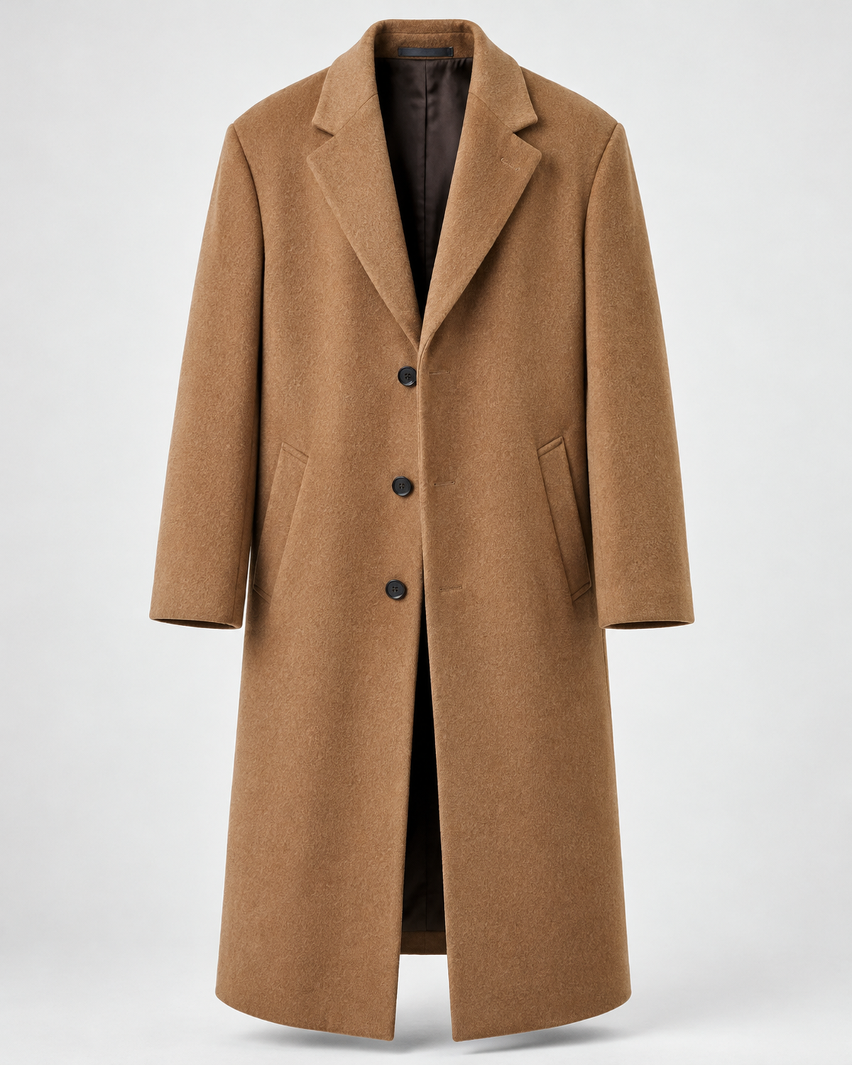 DFCOLOR::Camel::product-front — Long Tailored Overcoat, Camel front studio photograph, 2400x3000