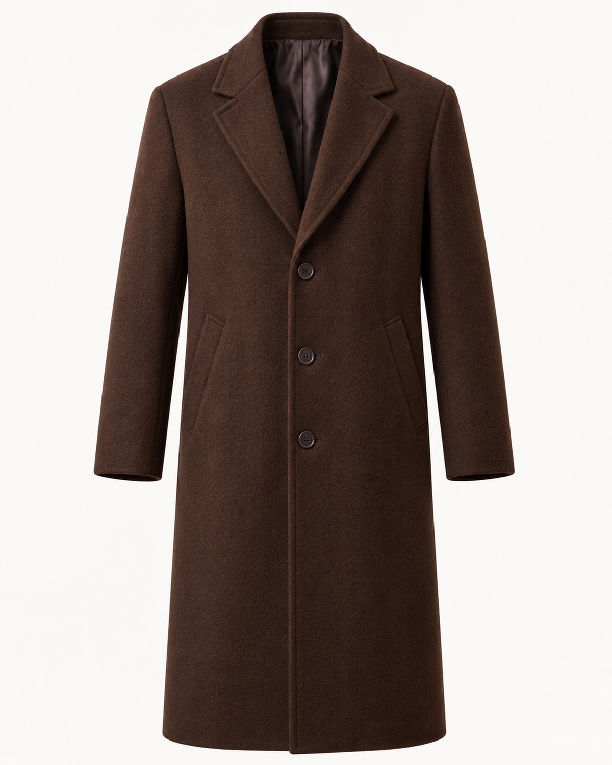 DFCOLOR::Dark Brown::product-front — Long Tailored Overcoat, studio front product image, Long-Feng textured coating palette