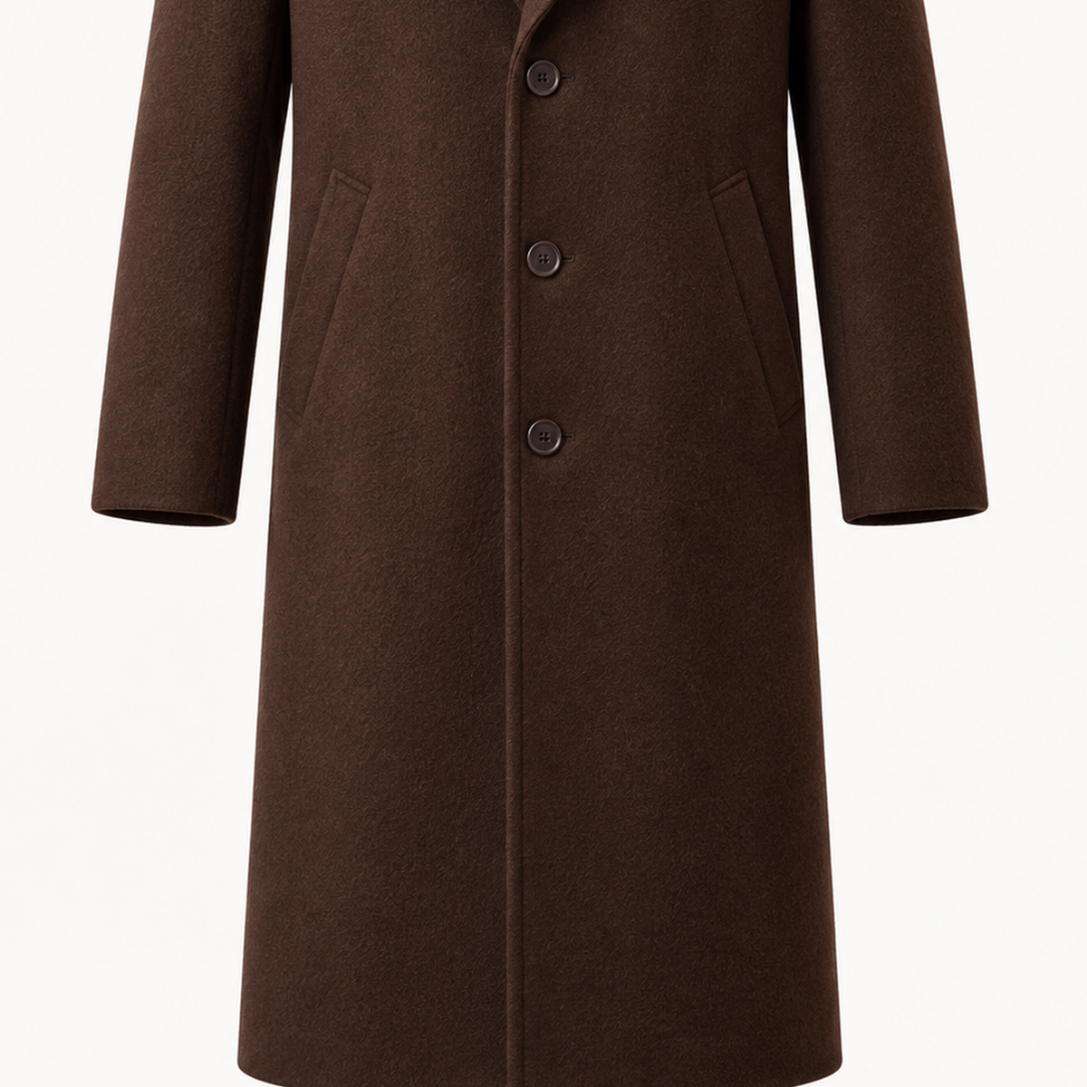 DFCOLOR::Dark Brown::detail-pocket-hem — Long Tailored Overcoat, Dark Brown front pockets and hem silhouette
