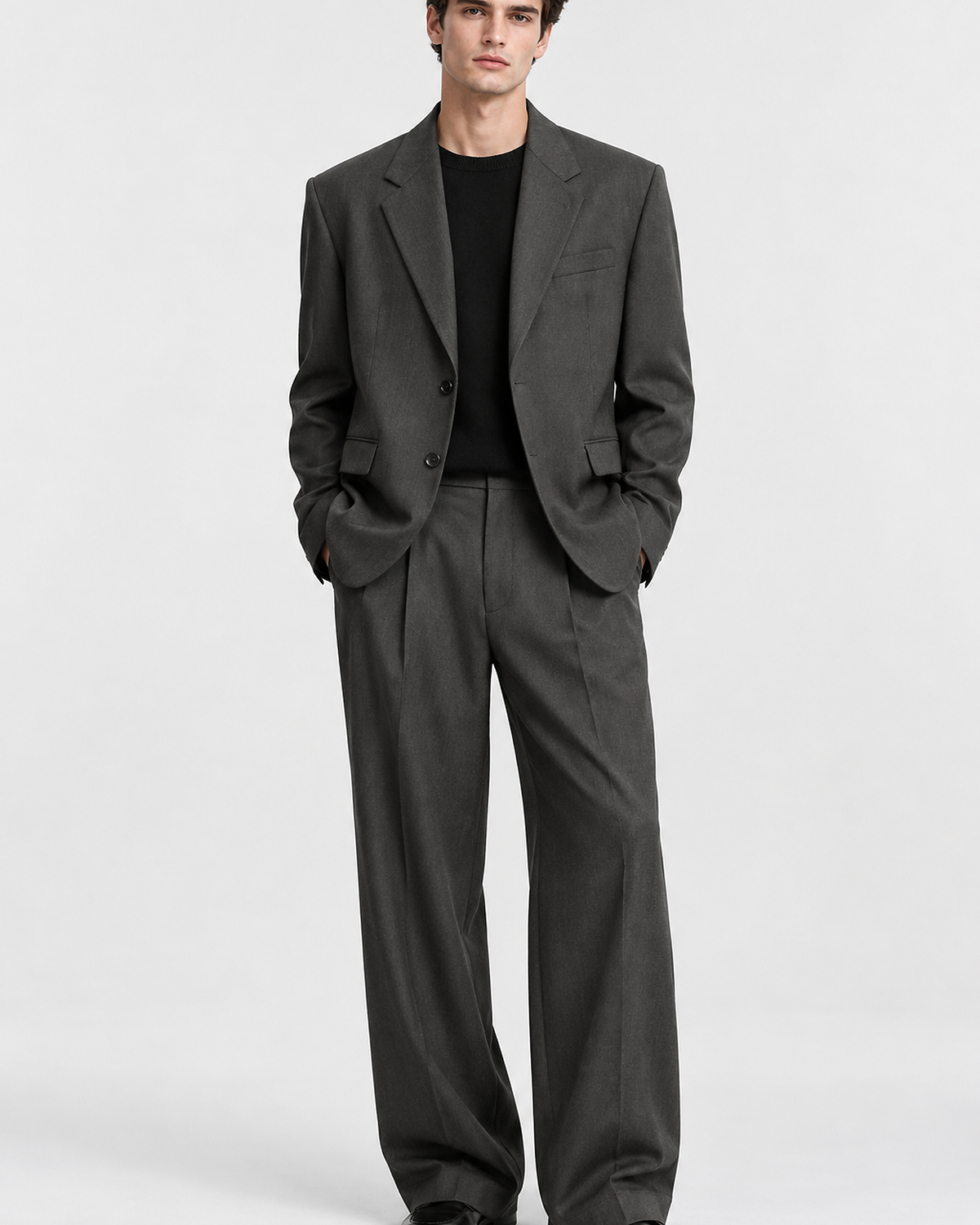 DFCOLOR::Charcoal::onbody — Black Oversized Wide-Leg Two-Piece Suit — single-breasted two-button charcoal serge suit, full-length studio view