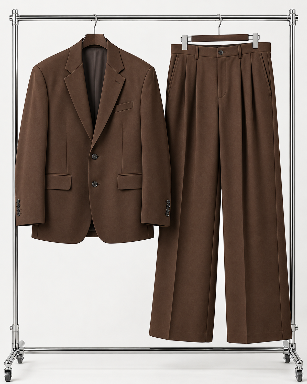 DFCOLOR::Chocolate::product — Black Oversized Wide-Leg Two-Piece Suit — single-breasted two-button chocolate serge jacket and matching wide-leg trousers