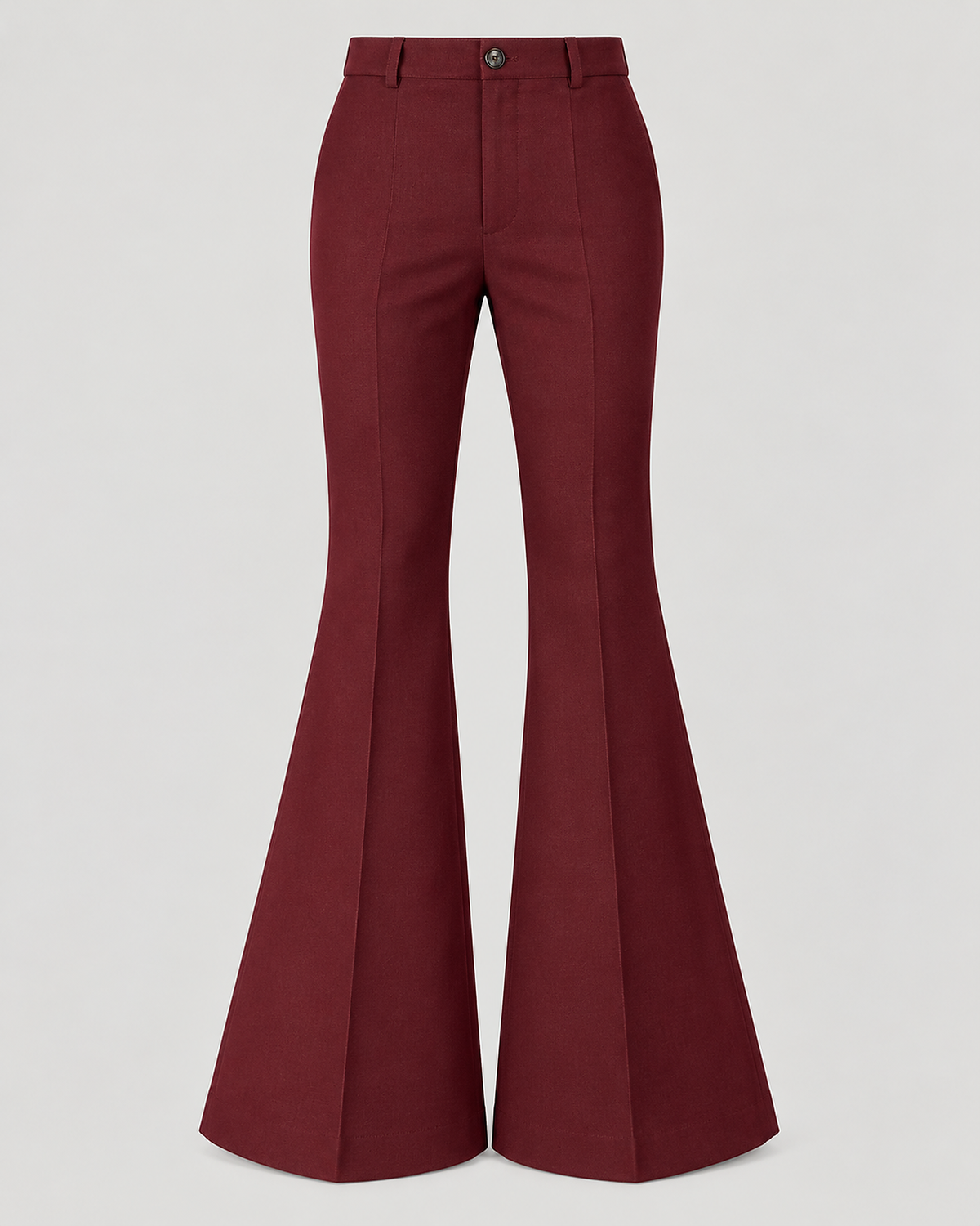 DFCOLOR::Burgundy::product-front — Retro 70s Bell-Bottom Flare Pants; sharp 2400x3000 product photo, high-rise single button fly and accurate 70s flare