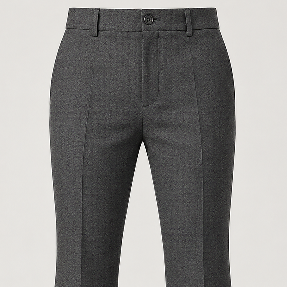 DFCOLOR::Charcoal::detail-waist — high-definition closeup from exact Charcoal product-front with button, fabric drape, waistband and belt loops; 2000x2000