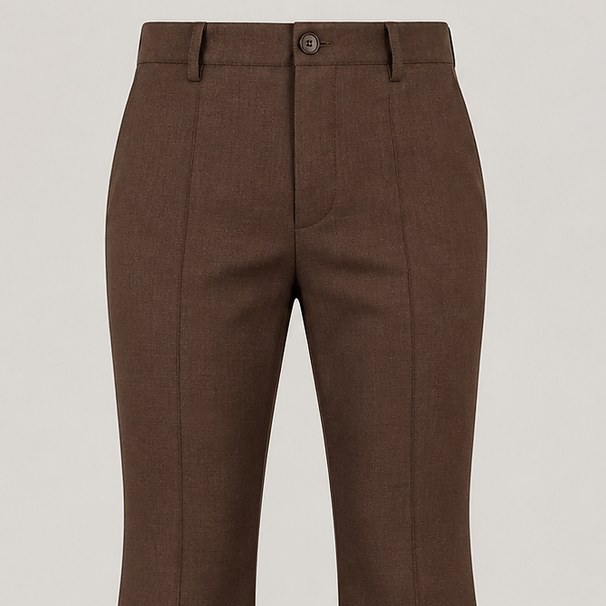 DFCOLOR::Chocolate::detail-waist — high-definition closeup from exact Chocolate product-front with button, fabric drape, waistband and belt loops; 2000x2000