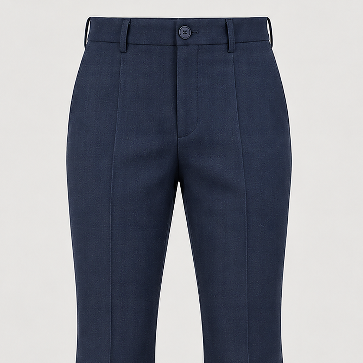 DFCOLOR::Navy::detail-waist — high-definition closeup from exact Navy product-front with button, fabric drape, waistband and belt loops; 2000x2000