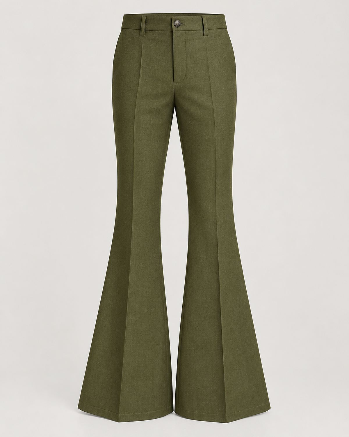 DFCOLOR::Olive::product-front — Retro 70s Bell-Bottom Flare Pants; sharp 2400x3000 product photo, high-rise single button fly and accurate 70s flare