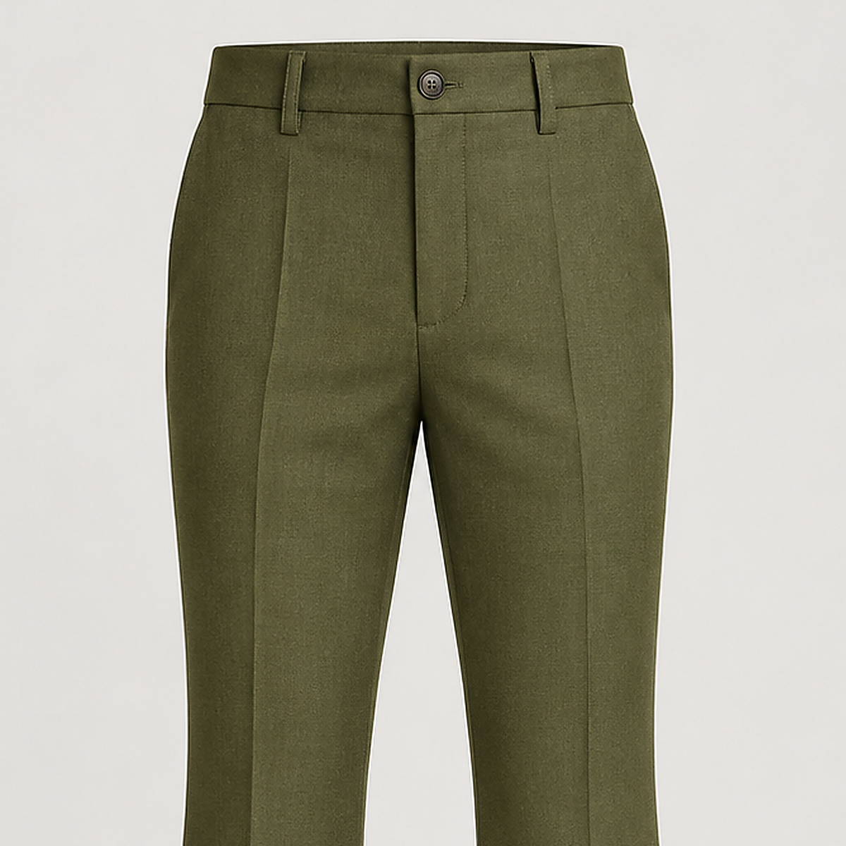 DFCOLOR::Olive::detail-waist — high-definition closeup from exact Olive product-front with button, fabric drape, waistband and belt loops; 2000x2000