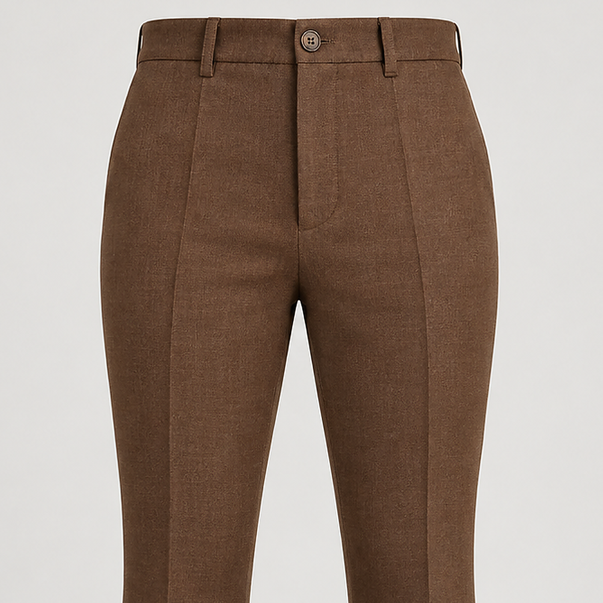 DFCOLOR::Walnut::detail-waist — high-definition closeup from exact Walnut product-front with button, fabric drape, waistband and belt loops; 2000x2000