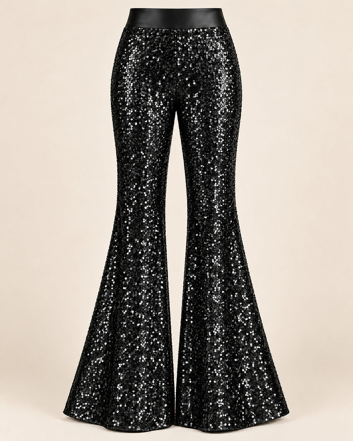 DFCOLOR::Black::product-front — Sparkle Sequin Flare Pants; crisp high-resolution sequin texture; smooth same-color unsequined satin waistband