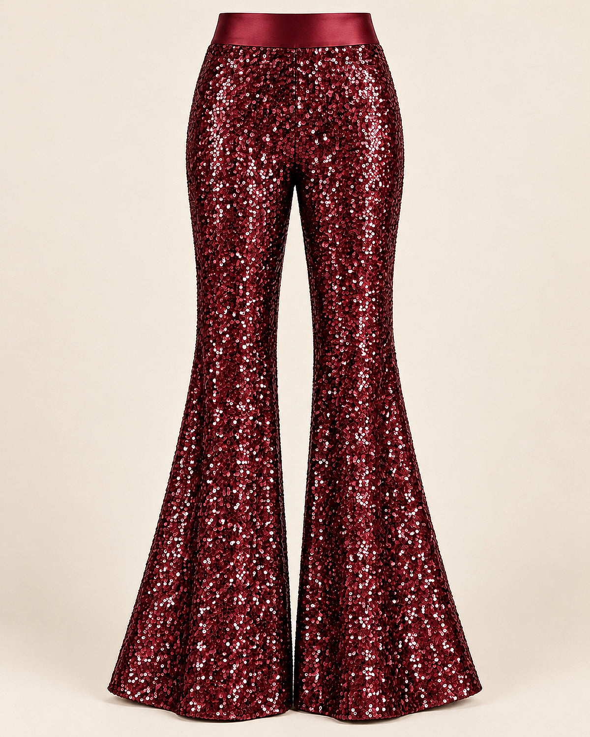 DFCOLOR::Burgundy::product-front — Sparkle Sequin Flare Pants; crisp high-resolution sequin texture; smooth same-color unsequined satin waistband