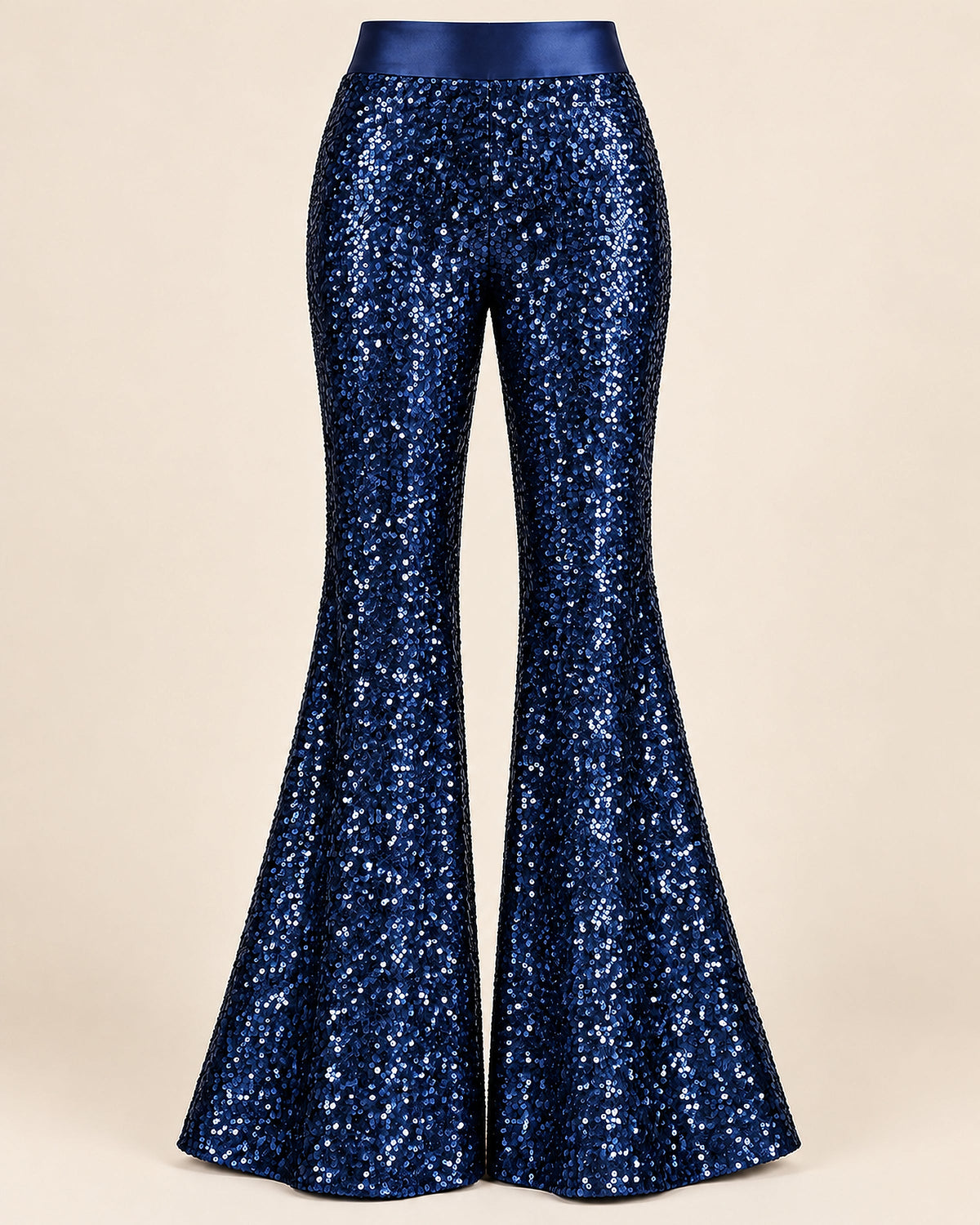DFCOLOR::Navy::product-front — Sparkle Sequin Flare Pants; crisp high-resolution sequin texture; smooth same-color unsequined satin waistband