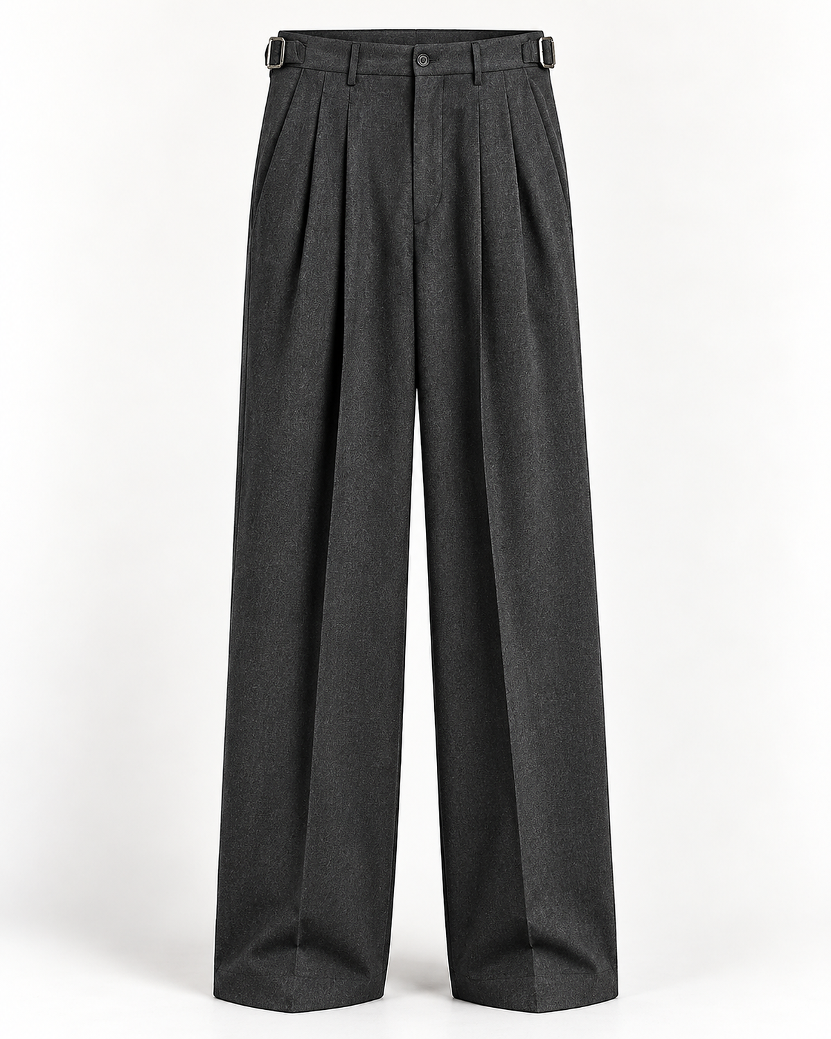 DFCOLOR::Charcoal::product-front — Charcoal High-Rise Wide-Pleat Trousers, crisp studio front with two side adjusters, front button and double pleats