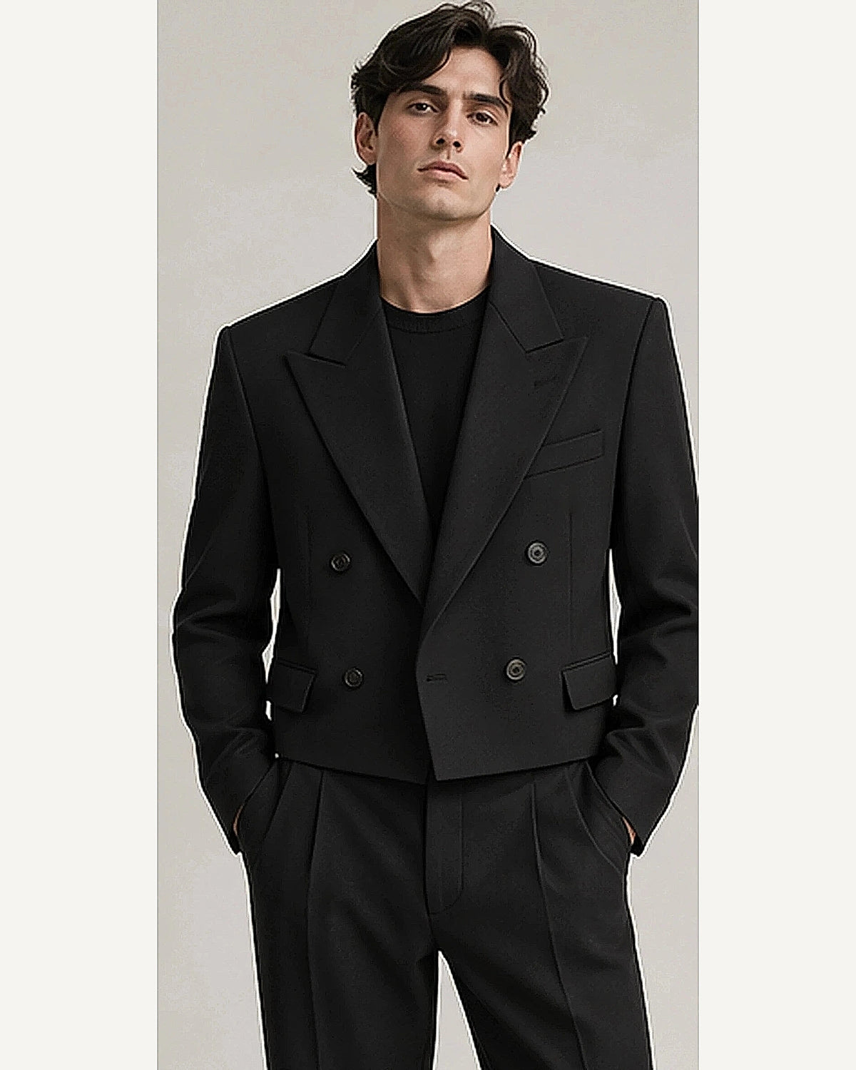 DFCOLOR::Black::onbody — Charcoal Cropped Double-Breasted Blazer; 4:5 full-image reframed without crop