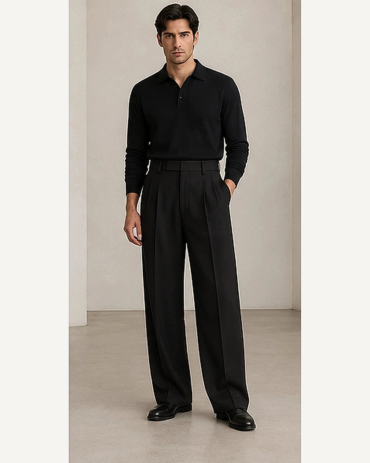 DFCOLOR::Black::onbody — Charcoal High-Rise Wide-Pleat Trousers; 4:5 full-image reframed without crop