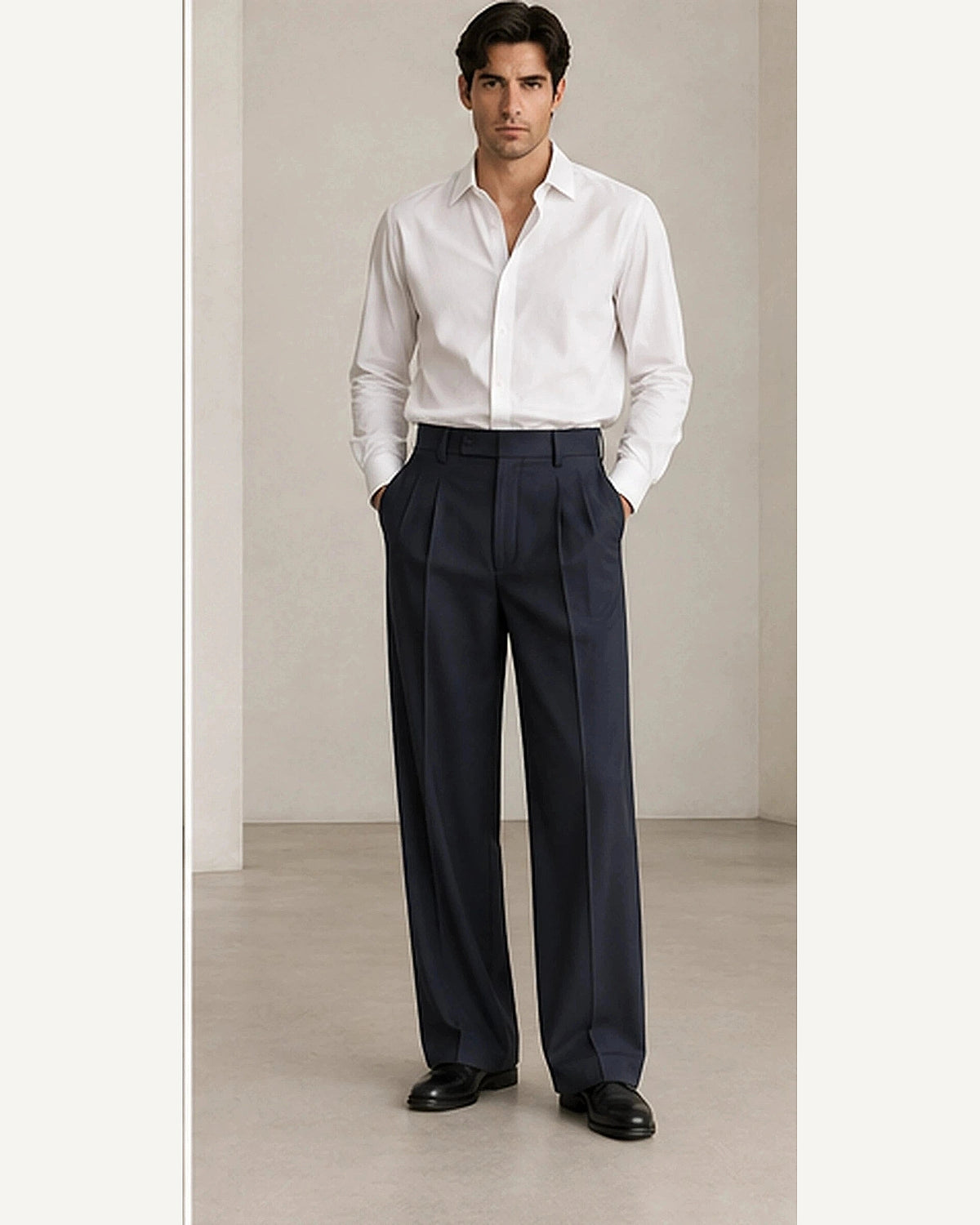 DFCOLOR::Navy::onbody — Charcoal High-Rise Wide-Pleat Trousers; 4:5 full-image reframed without crop
