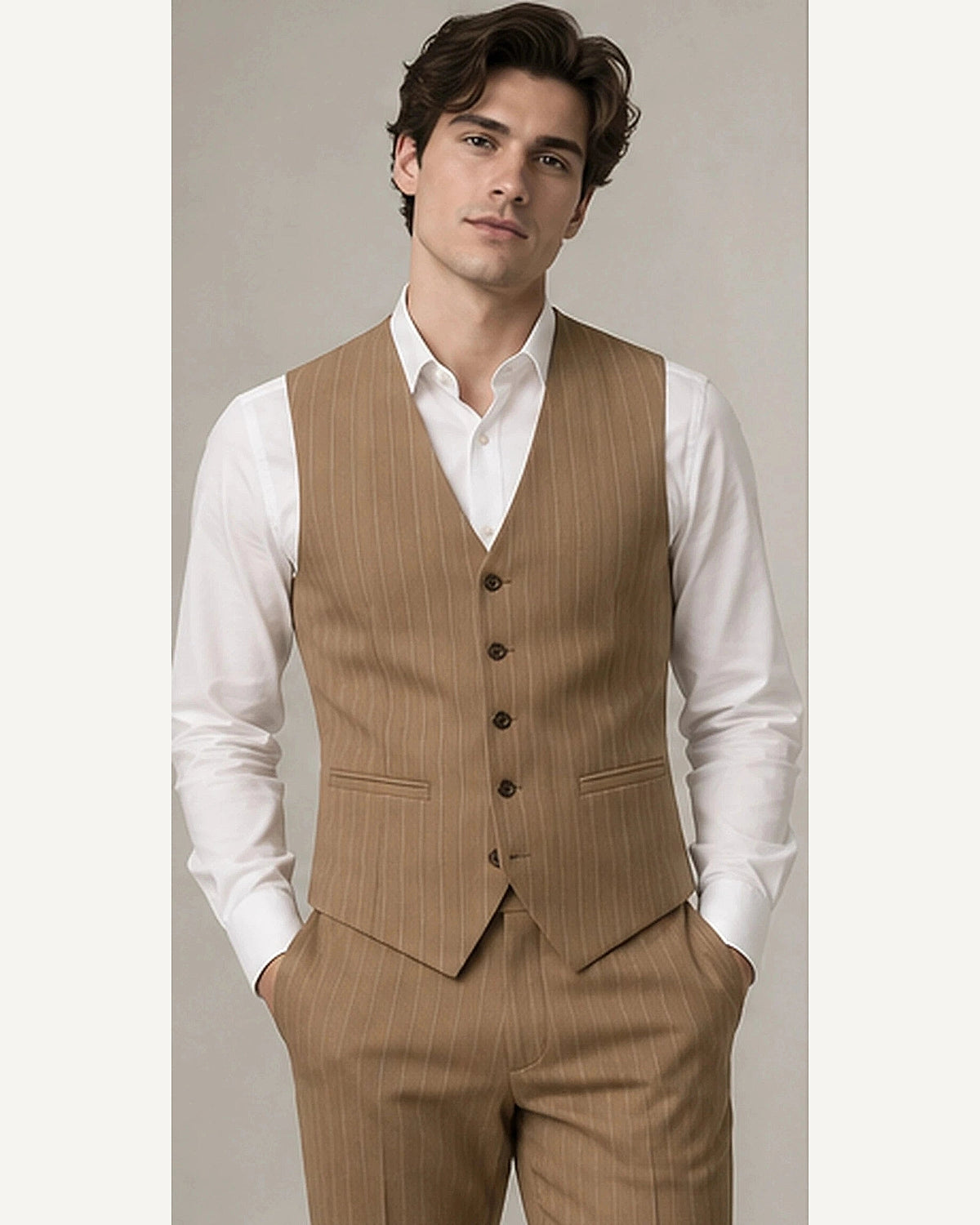 DFCOLOR::Camel::onbody — Charcoal Longline Pinstripe Waistcoat; 4:5 full-image reframed without crop