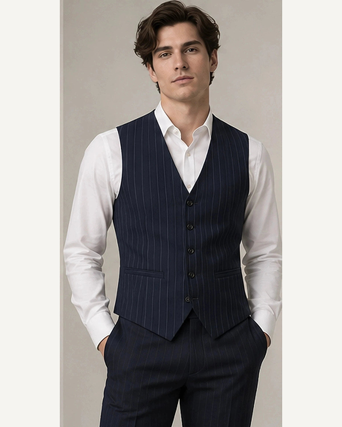 DFCOLOR::Navy::onbody — Charcoal Longline Pinstripe Waistcoat; 4:5 full-image reframed without crop