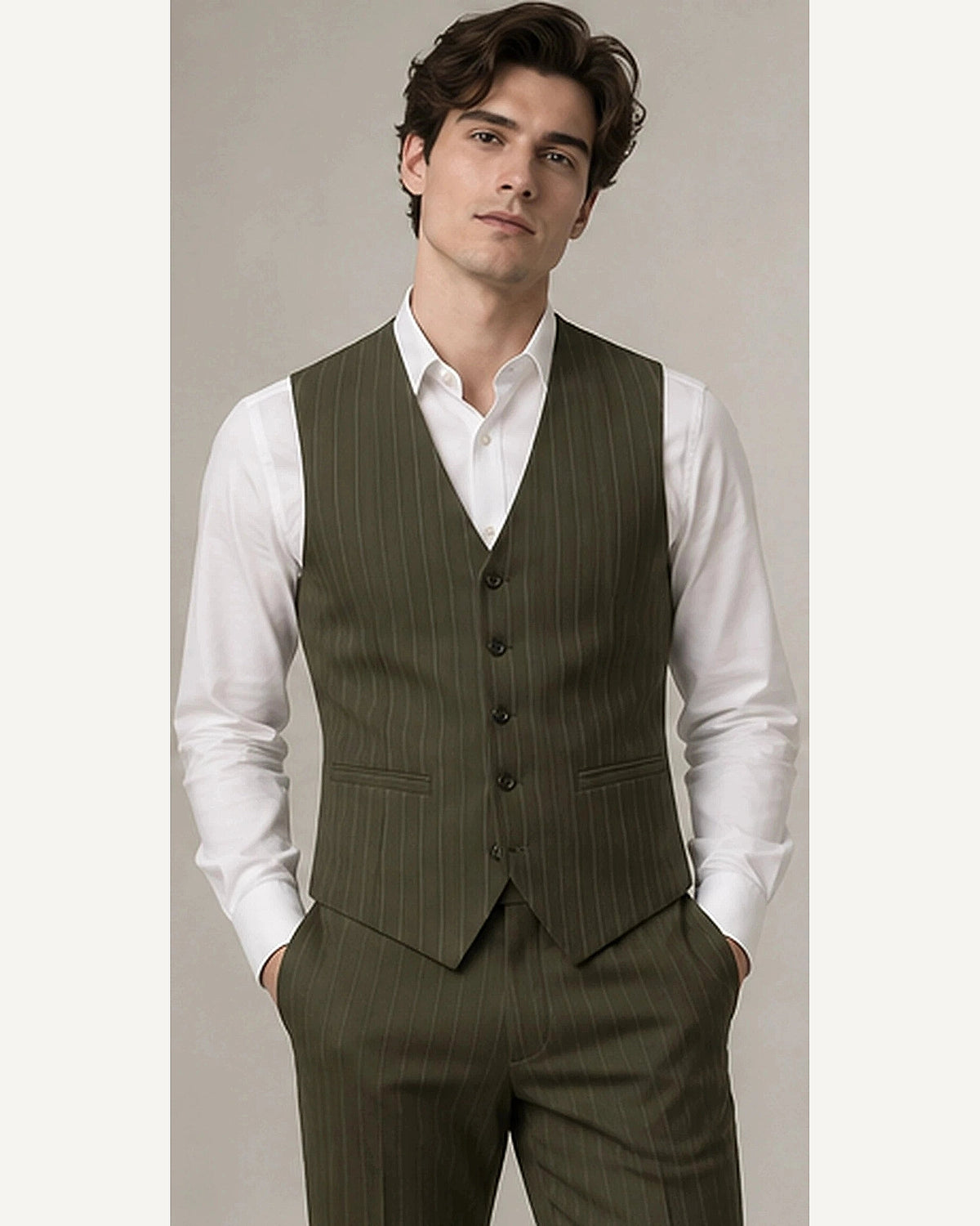 DFCOLOR::Olive::onbody — Charcoal Longline Pinstripe Waistcoat; 4:5 full-image reframed without crop