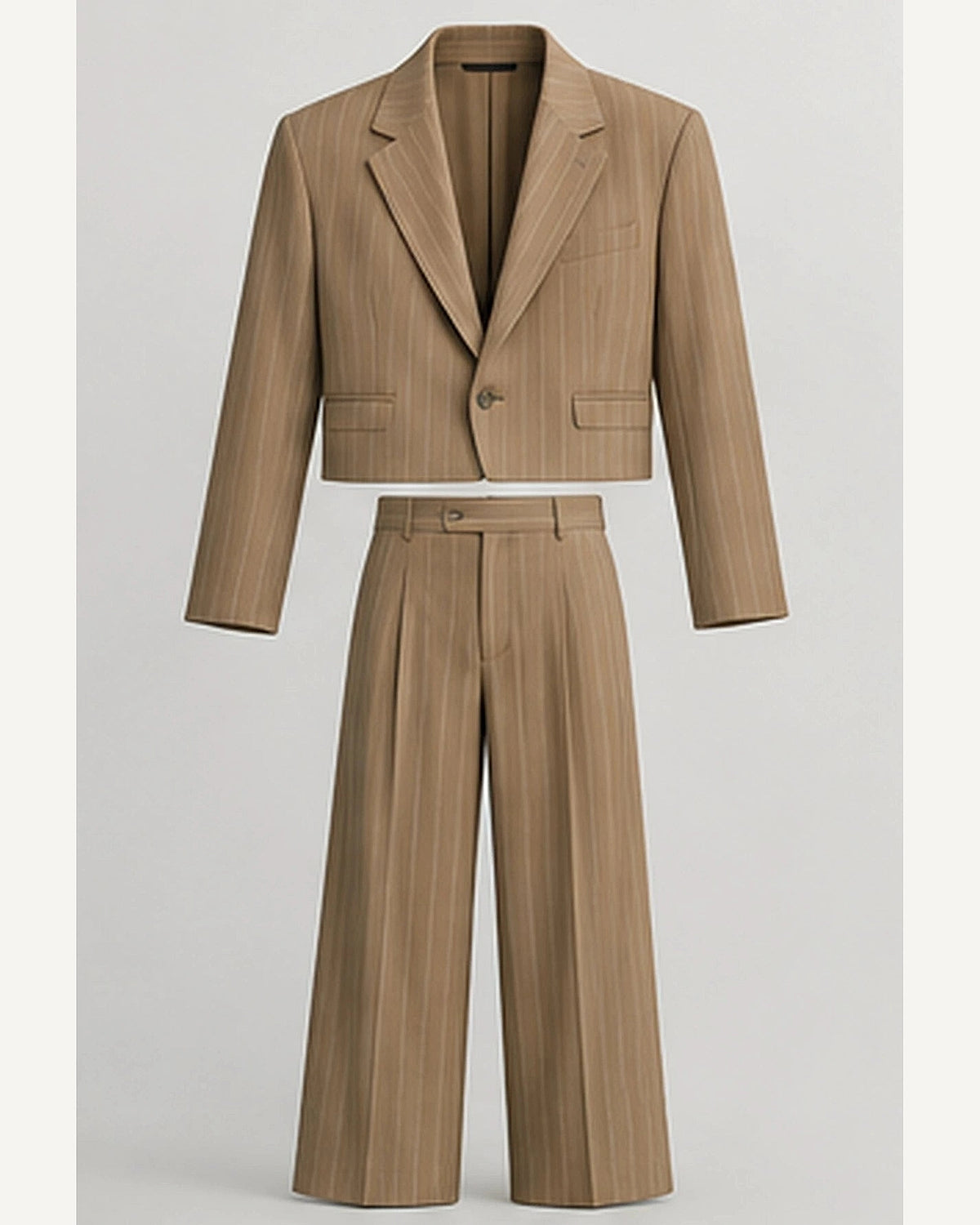 DFCOLOR::Camel::product — Cropped Pinstripe Wide-Leg Two-Piece Suit; 4:5 full-image reframed without crop