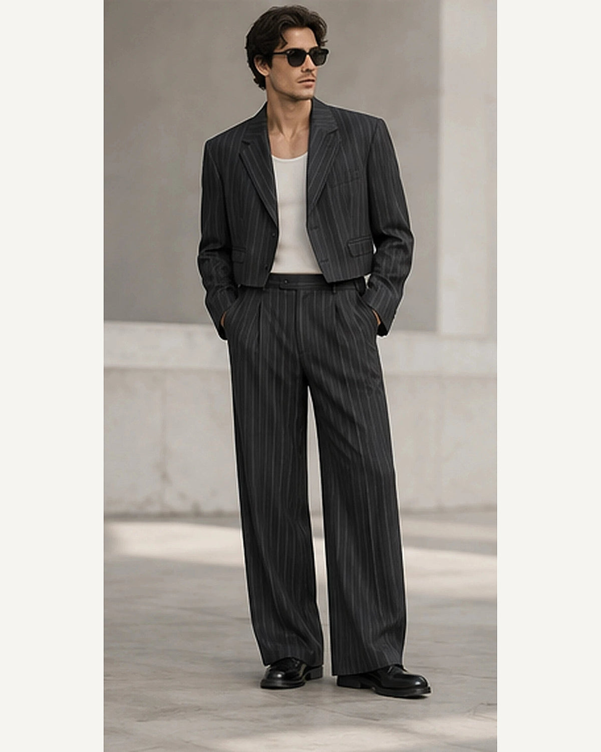 DFCOLOR::Charcoal::onbody — Cropped Pinstripe Wide-Leg Two-Piece Suit; 4:5 full-image reframed without crop