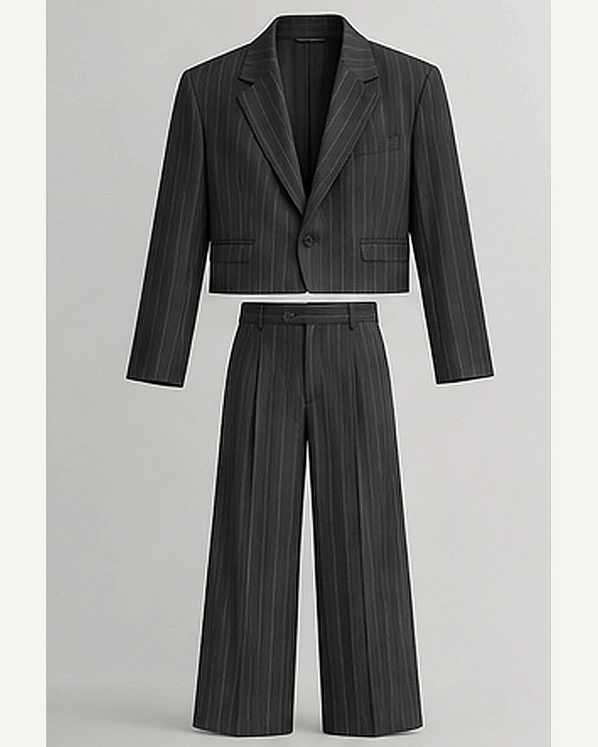 DFCOLOR::Charcoal::product — Cropped Pinstripe Wide-Leg Two-Piece Suit; 4:5 full-image reframed without crop