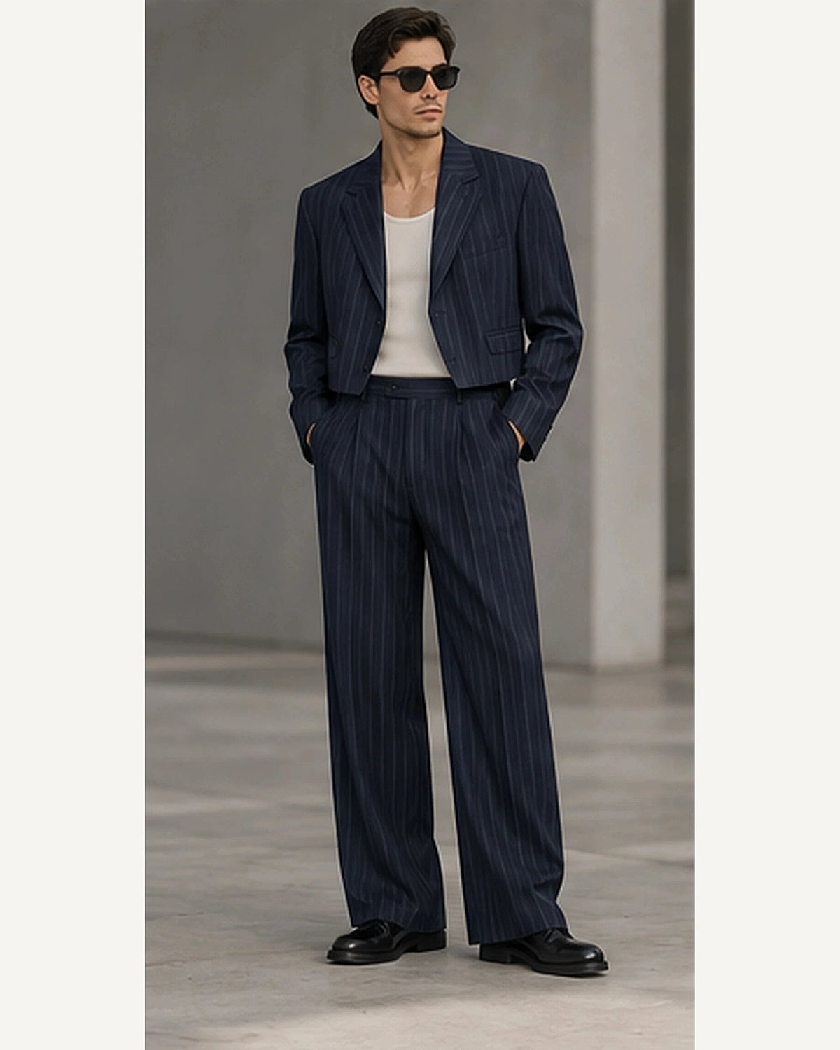 DFCOLOR::Navy::onbody — Cropped Pinstripe Wide-Leg Two-Piece Suit; 4:5 full-image reframed without crop