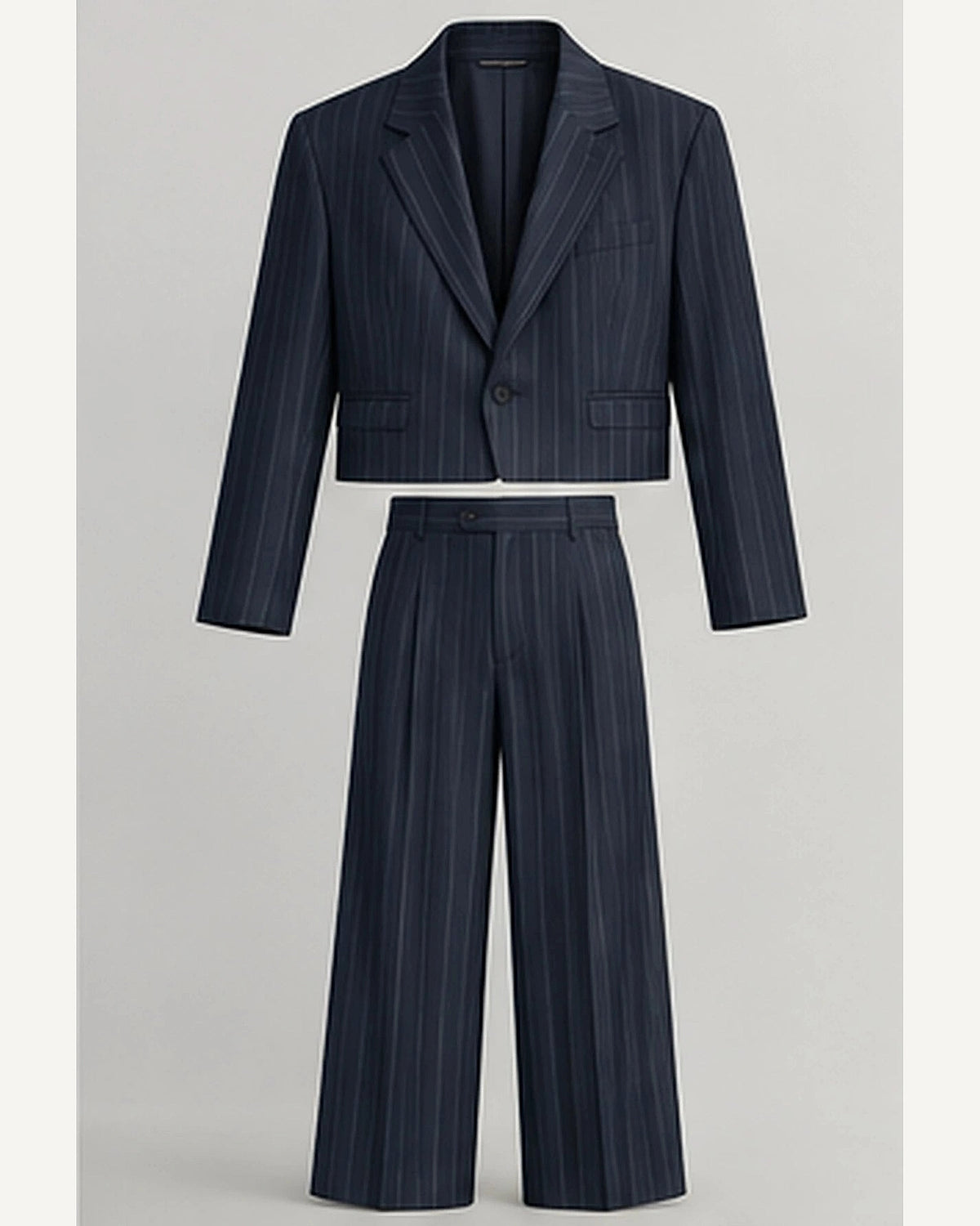 DFCOLOR::Navy::product — Cropped Pinstripe Wide-Leg Two-Piece Suit; 4:5 full-image reframed without crop