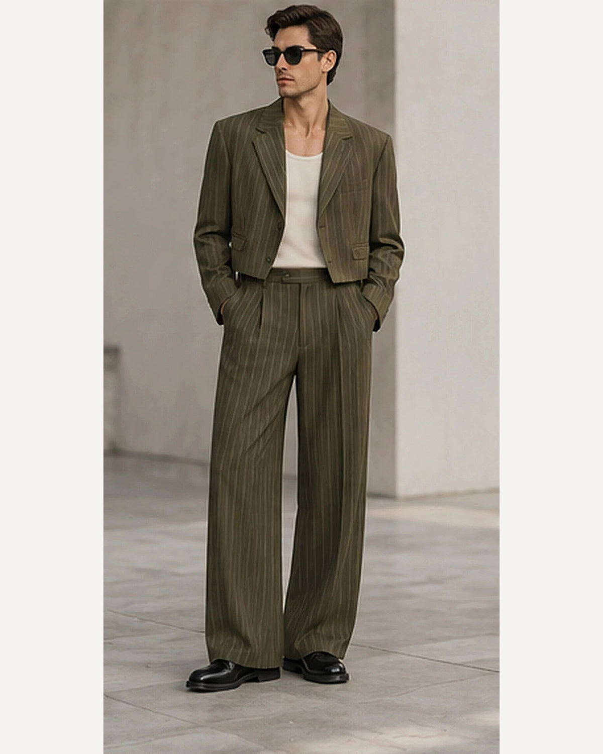 DFCOLOR::Olive::onbody — Cropped Pinstripe Wide-Leg Two-Piece Suit; 4:5 full-image reframed without crop