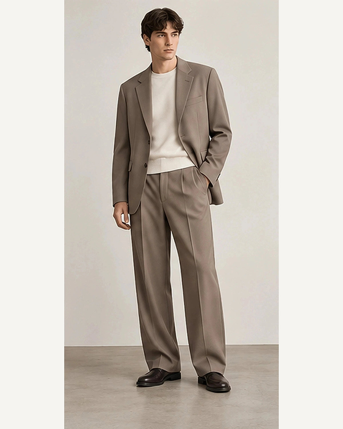 DFCOLOR::Taupe::onbody — Dark Olive Unstructured Two-Piece Suit; 4:5 full-image reframed without crop