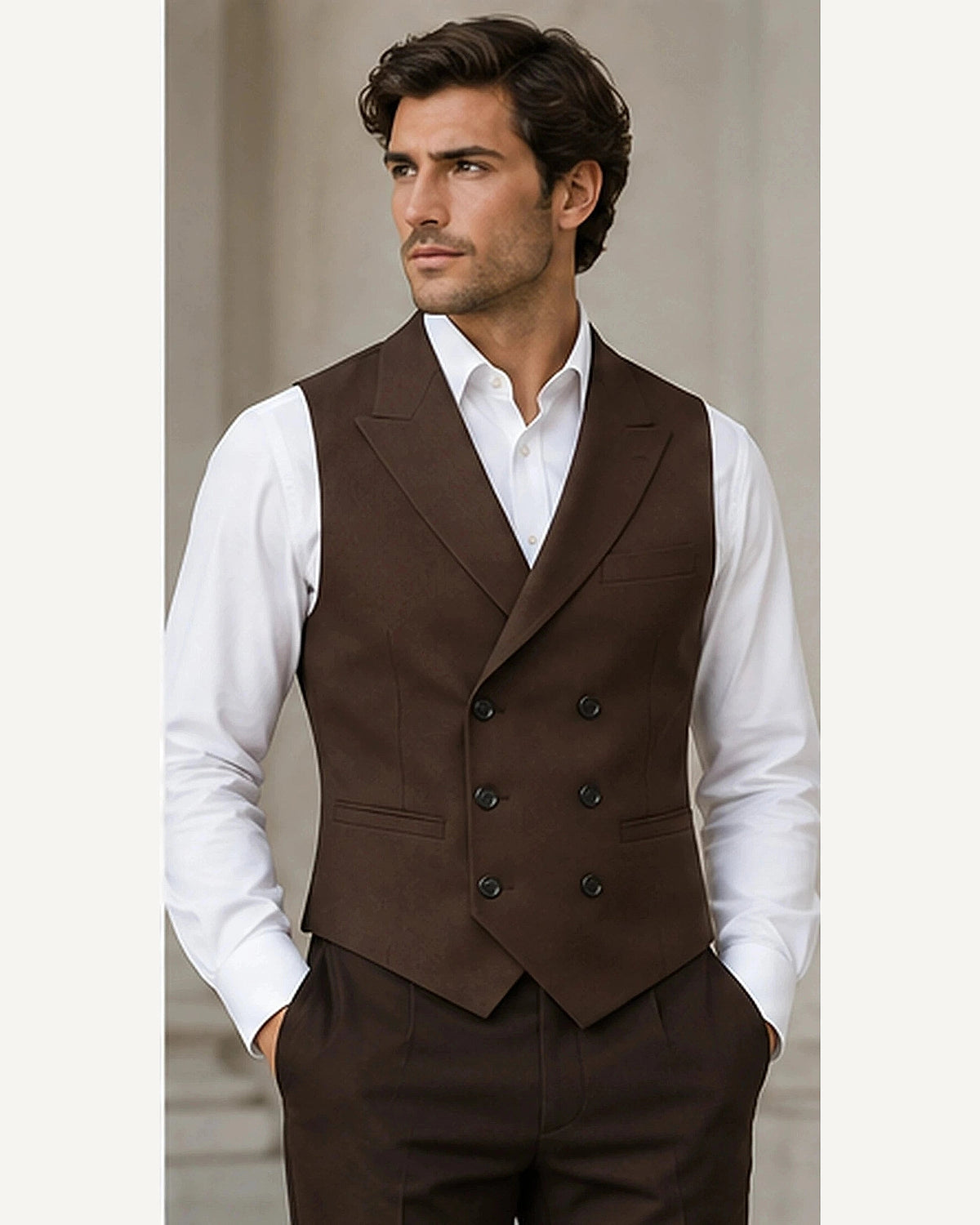 DFCOLOR::Chocolate::onbody — Double-Breasted Regency Waistcoat; 4:5 full-image reframed without crop