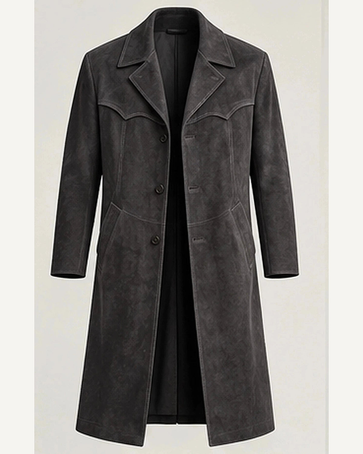 DFCOLOR::Charcoal::product — Faux Suede Long Western Duster Coat; 4:5 full-image reframed without crop