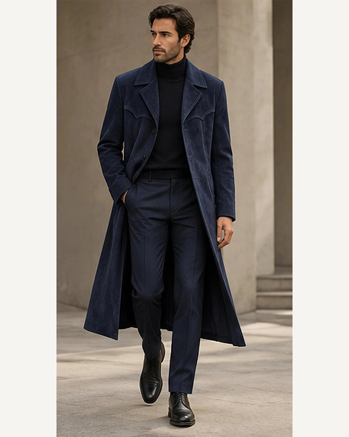 DFCOLOR::Navy::onbody — Faux Suede Long Western Duster Coat; 4:5 full-image reframed without crop