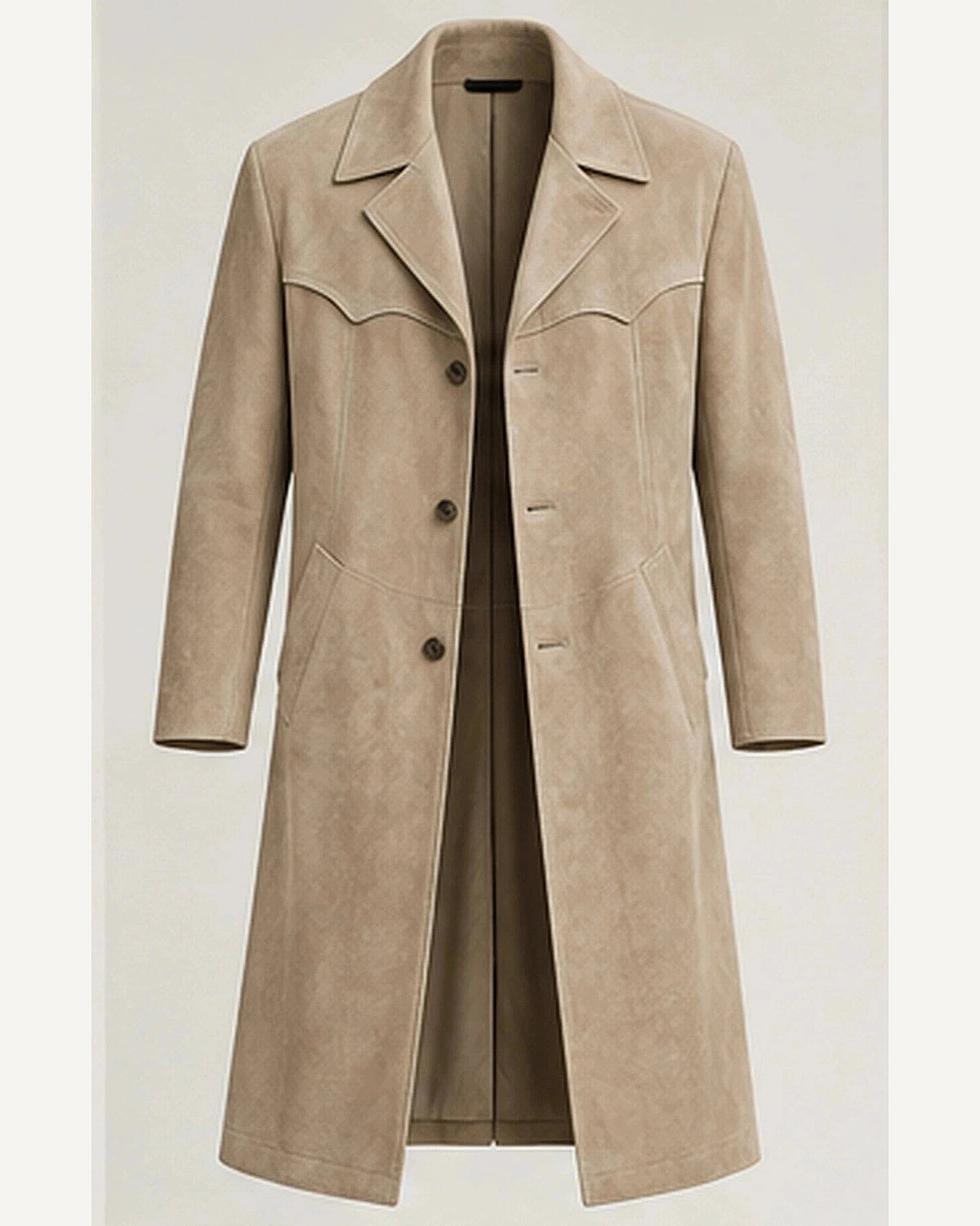 DFCOLOR::Stone::product — Faux Suede Long Western Duster Coat; 4:5 full-image reframed without crop