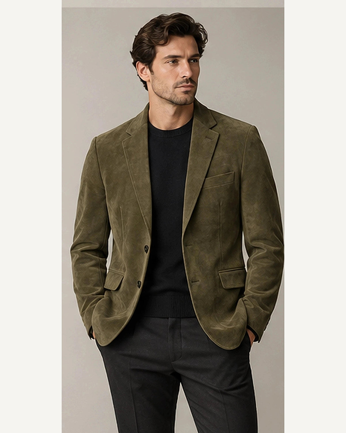 DFCOLOR::Olive::onbody — Faux Suede Slim Notch-Lapel Blazer; 4:5 full-image reframed without crop