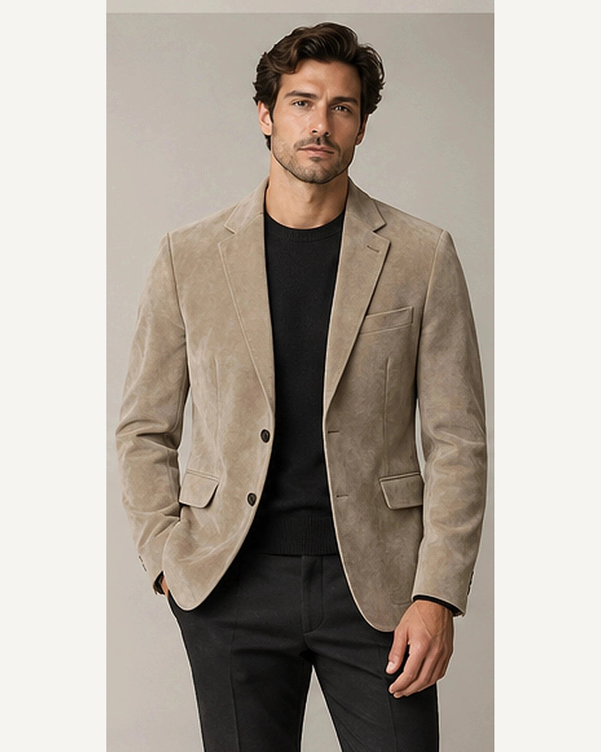 DFCOLOR::Stone::onbody — Faux Suede Slim Notch-Lapel Blazer; 4:5 full-image reframed without crop