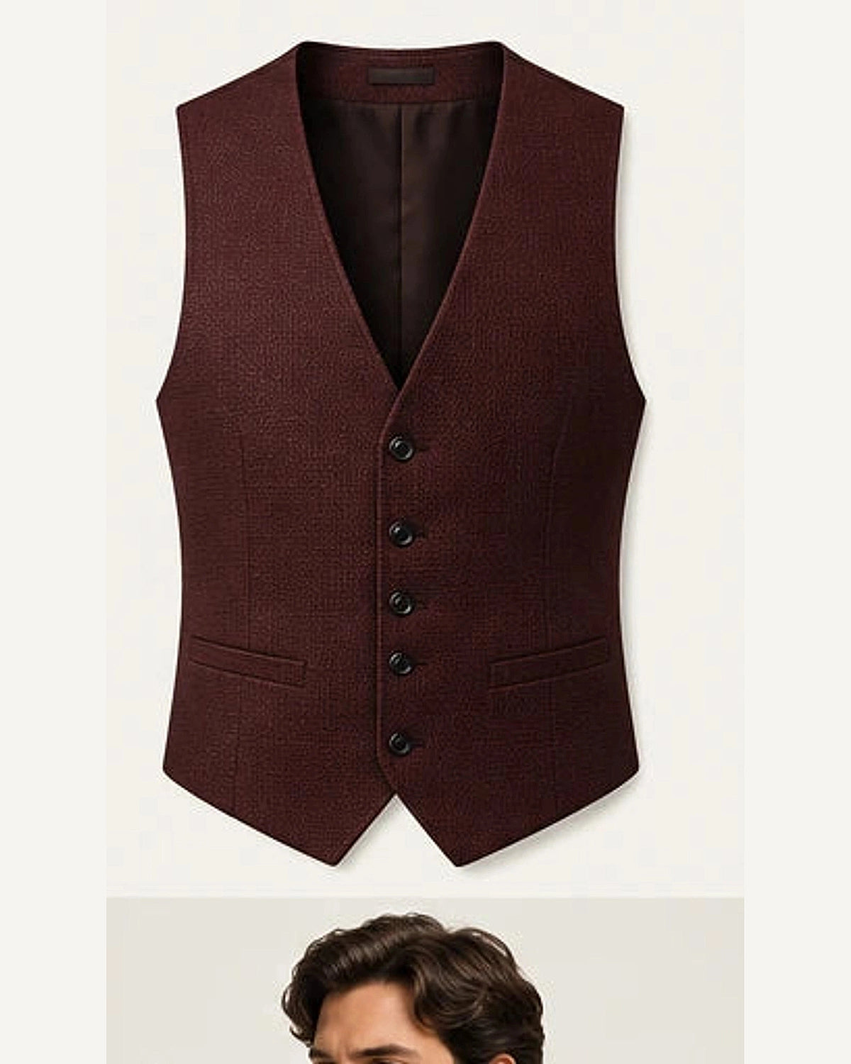 DFCOLOR::Burgundy::product — Ivory Textured Tailored Waistcoat; 4:5 full-image reframed without crop