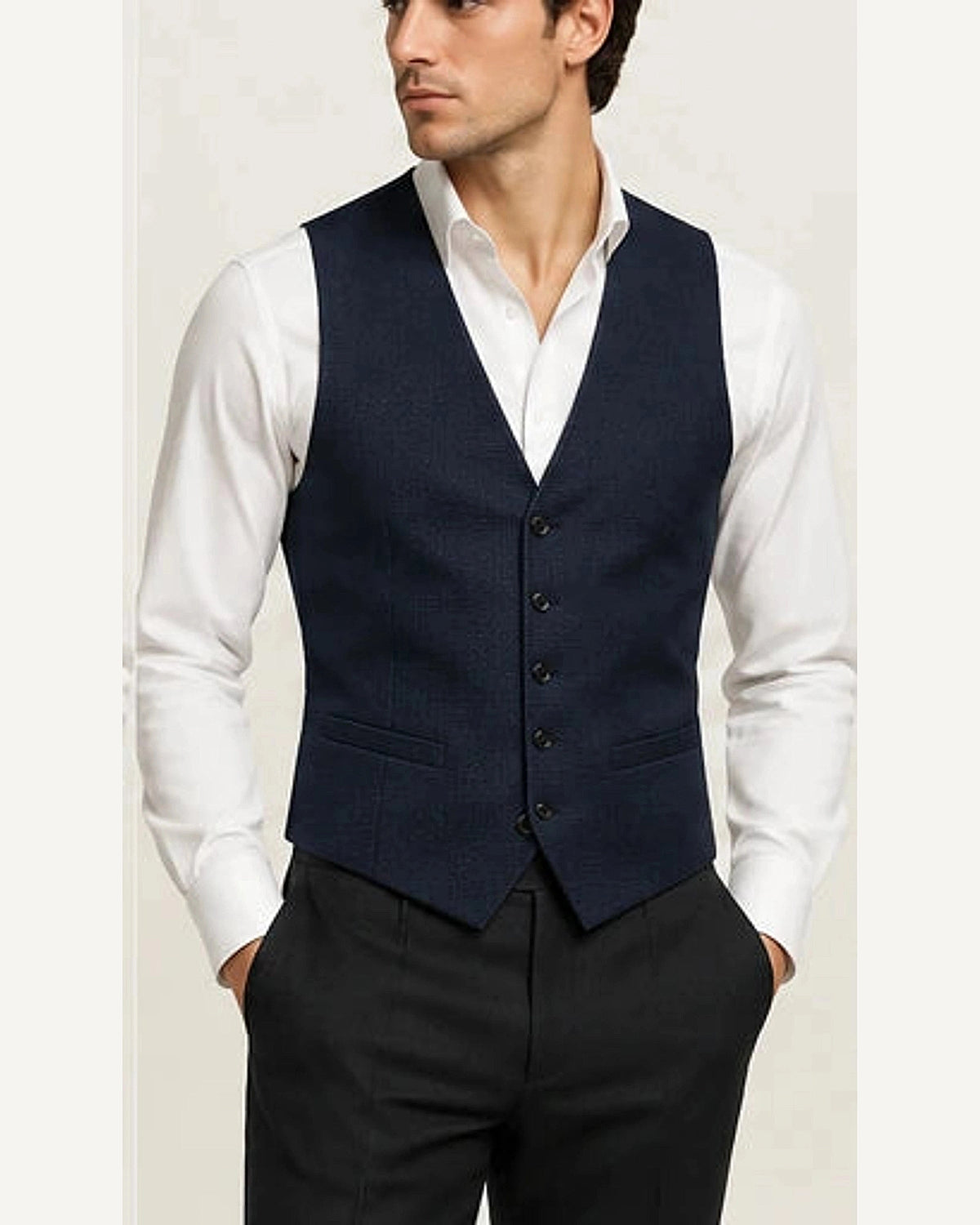 DFCOLOR::Navy::onbody — Ivory Textured Tailored Waistcoat; 4:5 full-image reframed without crop