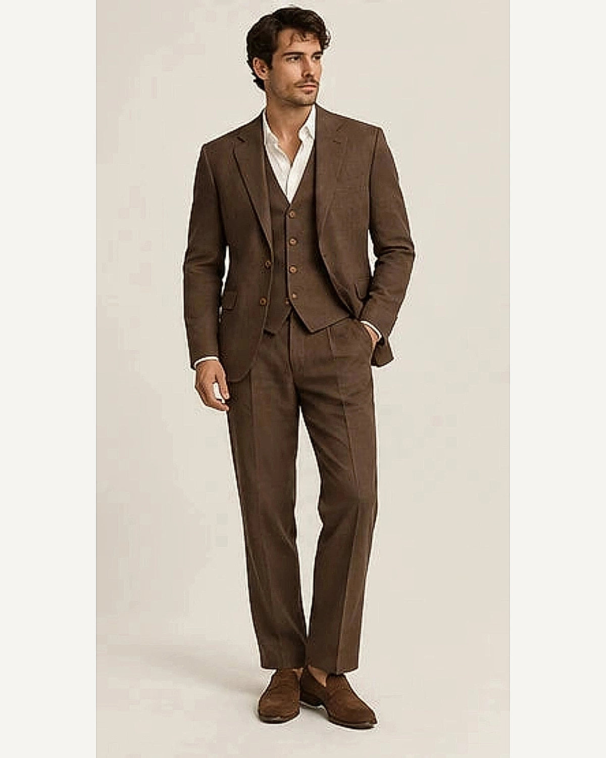 DFCOLOR::Chocolate::onbody — Sand Linen-Look Cotton Three-Piece Suit; 4:5 full-image reframed without crop