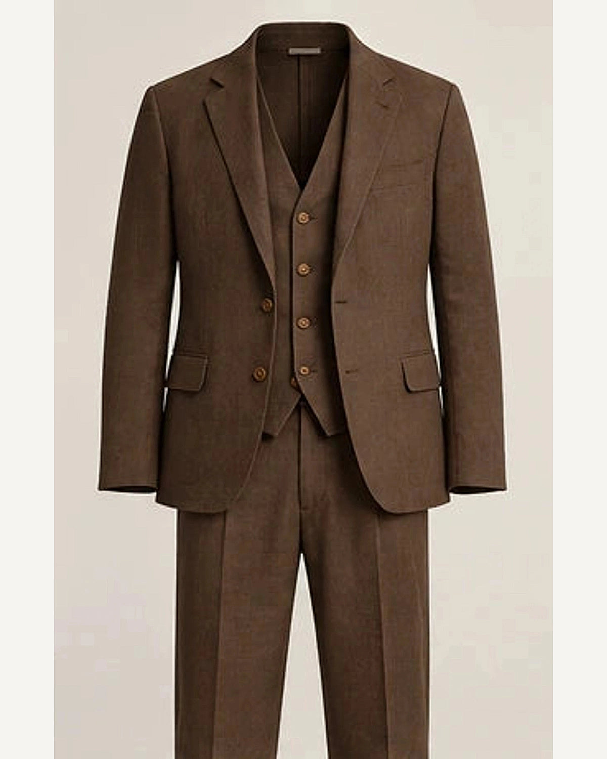 DFCOLOR::Chocolate::product — Sand Linen-Look Cotton Three-Piece Suit; 4:5 full-image reframed without crop