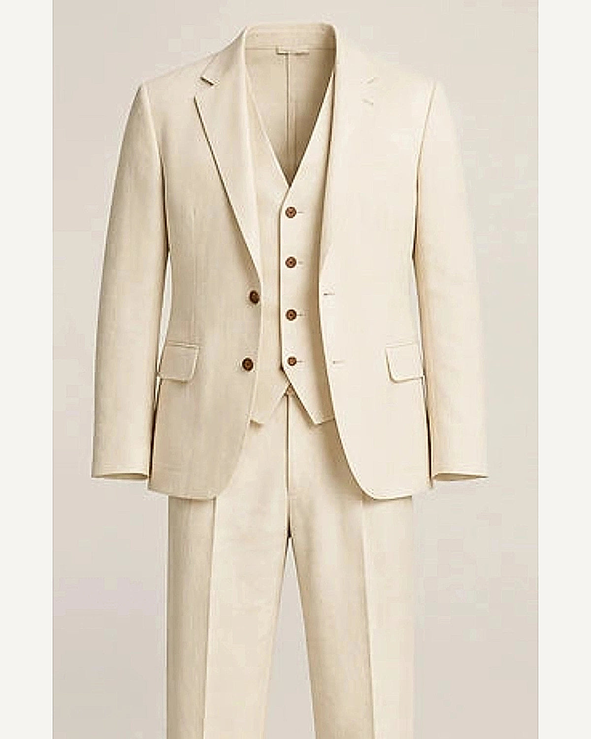 DFCOLOR::Ecru::product — Sand Linen-Look Cotton Three-Piece Suit; 4:5 full-image reframed without crop
