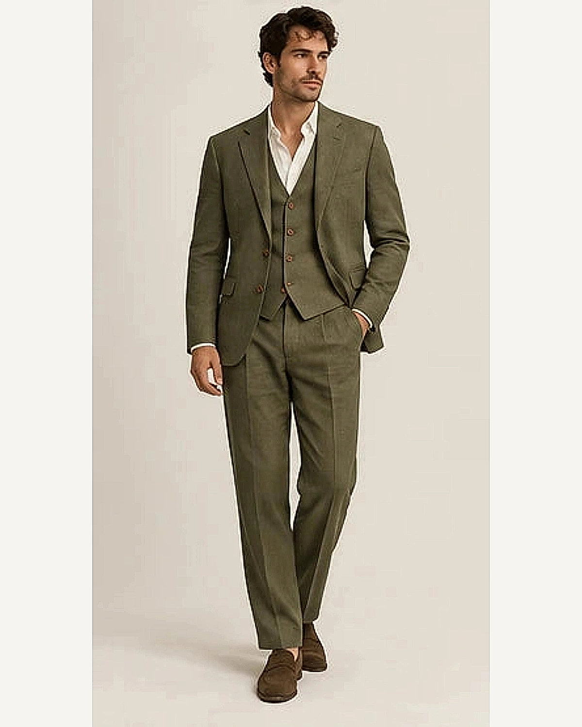DFCOLOR::Olive::onbody — Sand Linen-Look Cotton Three-Piece Suit; 4:5 full-image reframed without crop