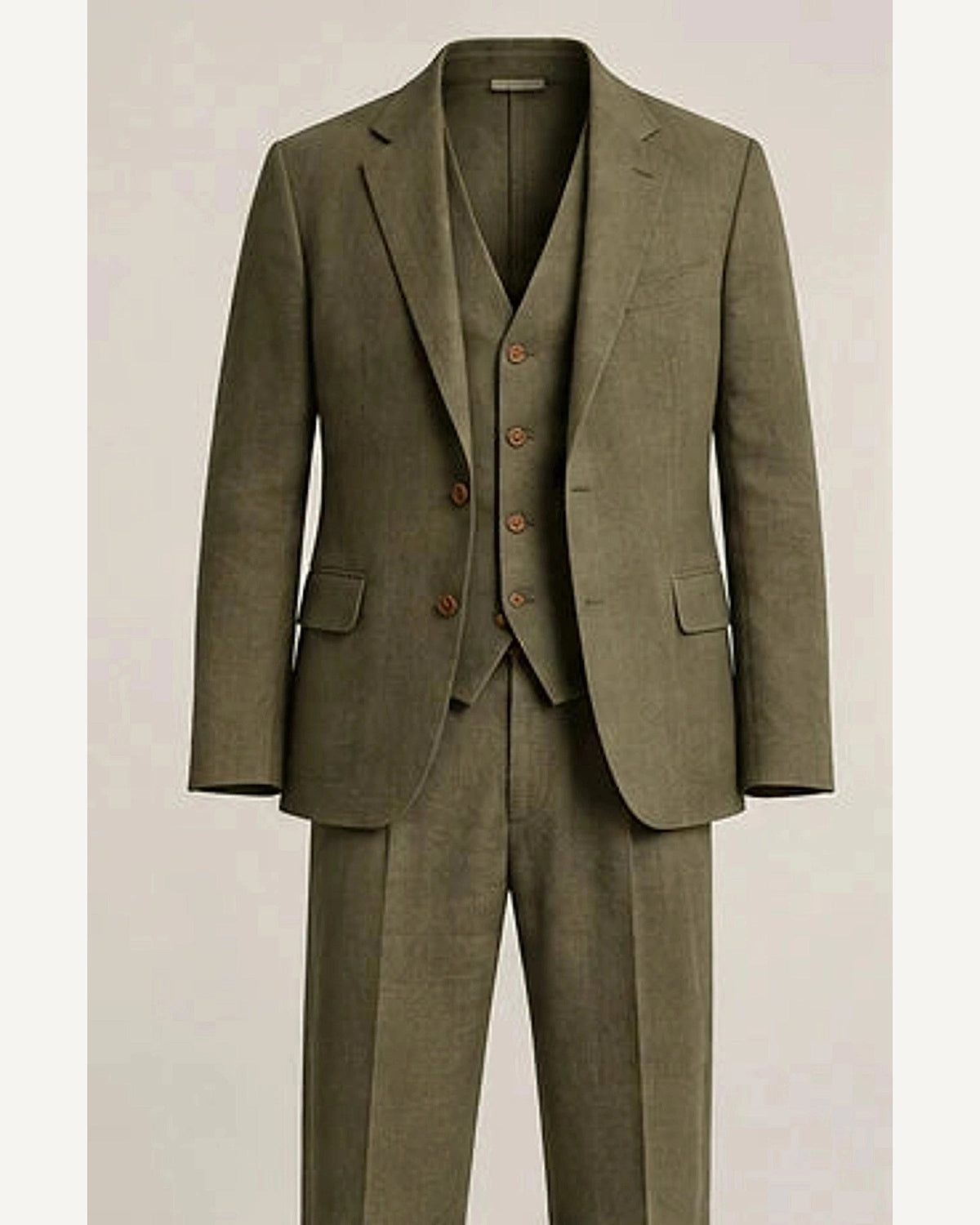 DFCOLOR::Olive::product — Sand Linen-Look Cotton Three-Piece Suit; 4:5 full-image reframed without crop