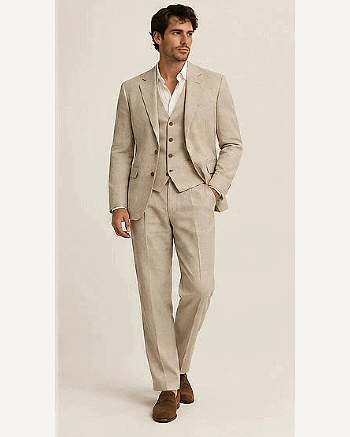 DFCOLOR::Stone::onbody — Sand Linen-Look Cotton Three-Piece Suit; 4:5 full-image reframed without crop