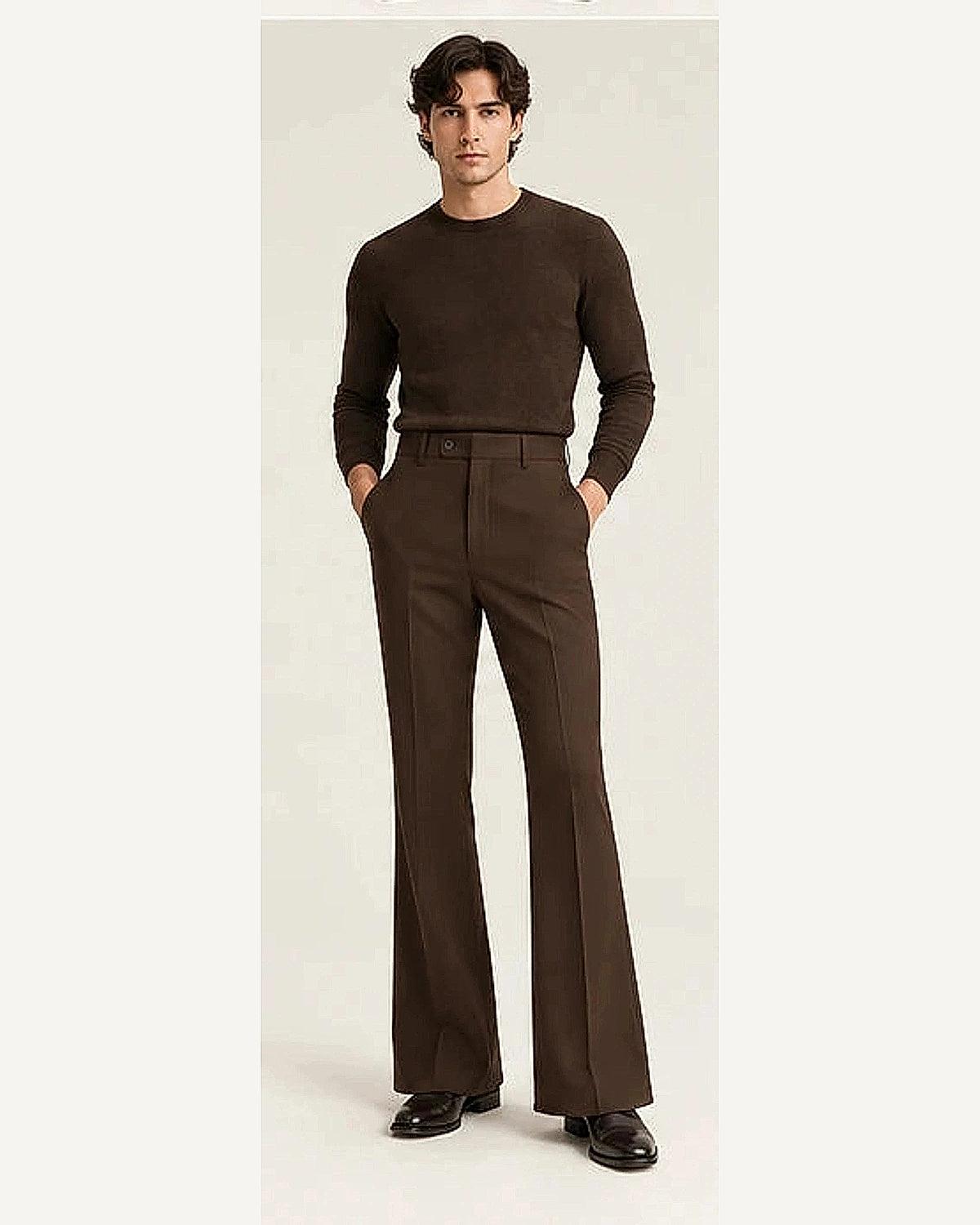 DFCOLOR::Chocolate::onbody — Walnut High-Rise Flare Trousers; 4:5 full-image reframed without crop