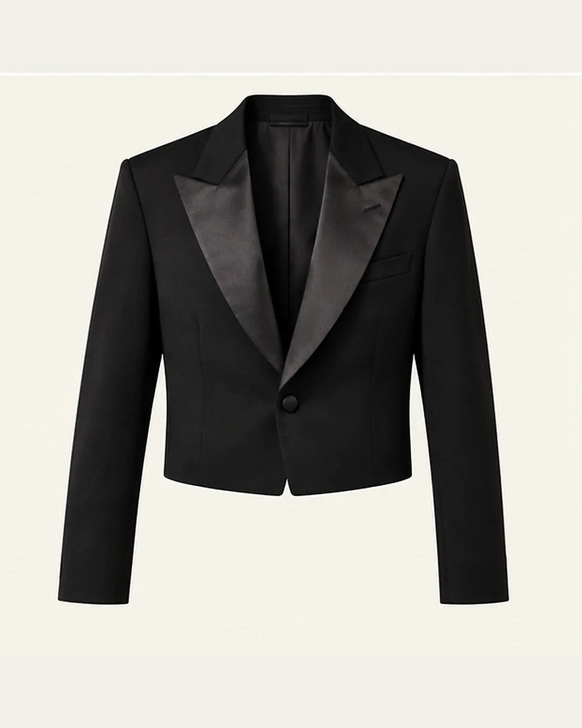 DFCOLOR::Black::product-front — Black Cropped Dinner Jacket with Satin Lapels; original unmodified garment layout fitted to a complete 4:5 frame without trimming