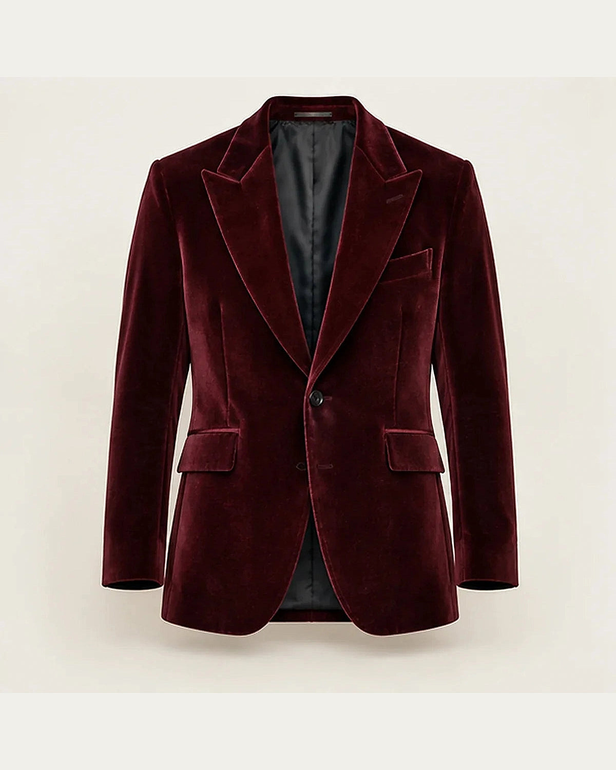 DFCOLOR::Burgundy::product-front — Burgundy Velvet Peak-Lapel Blazer; original unmodified garment layout fitted to a complete 4:5 frame without trimming