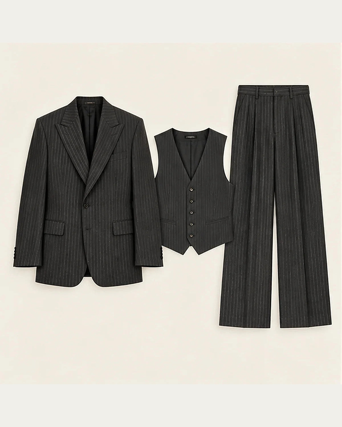 DFCOLOR::Charcoal::product-front — Charcoal Pinstripe Wide-Leg Three-Piece Suit, complete front presentation of jacket, waistcoat and matching wide-leg trousers